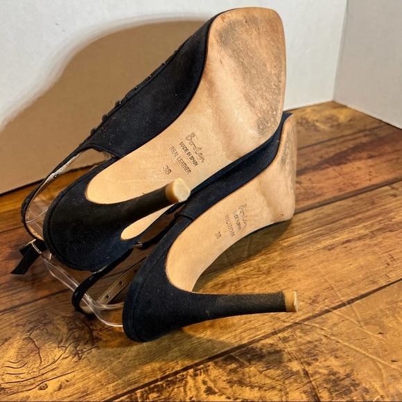 Boden Ashley T Bar heels Sz 38 / 7 Leather Made in Spain Studded Double T Strap - Picture 6 of 12